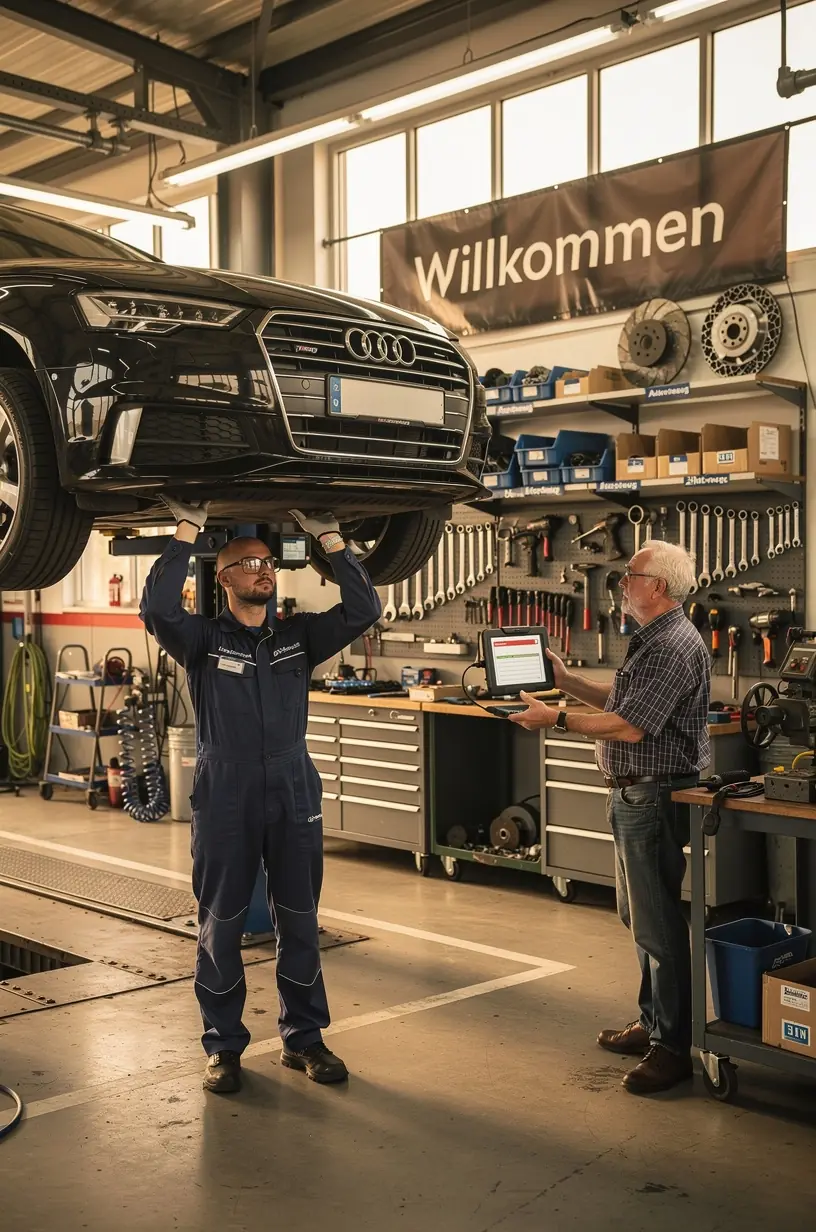 Erfahrener Kfz-Mechaniker führt Wartungsarbeiten an einem Fahrzeug in Deutschland durch.