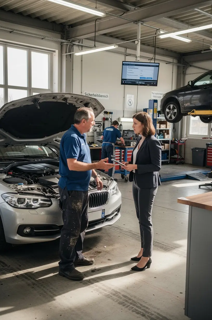 Techniker überprüft Bremsen und Fahrwerk eines Pkw in einer professionellen Reparaturwerkstatt.